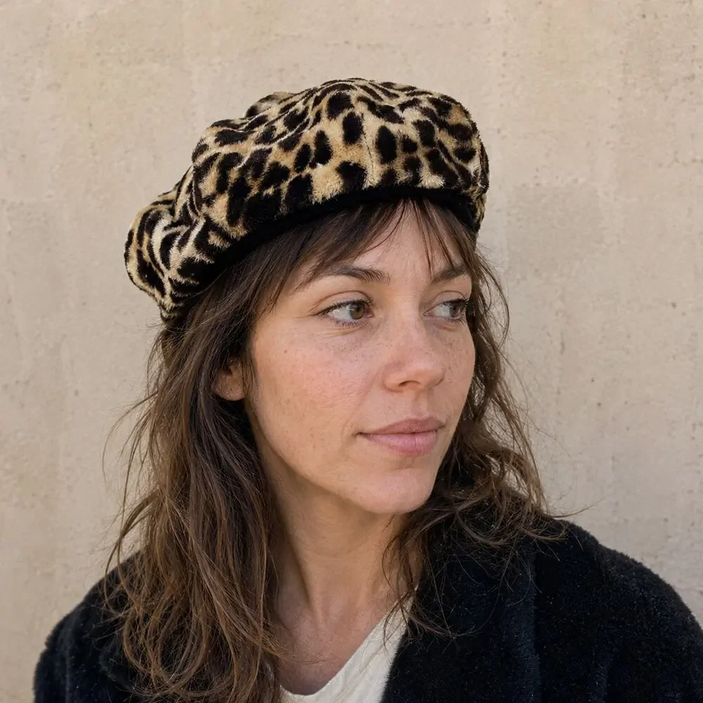 Vintage Faux Leopard Print Beret Hat Animal Print Fake Fur Retro Cap - Hey Viv